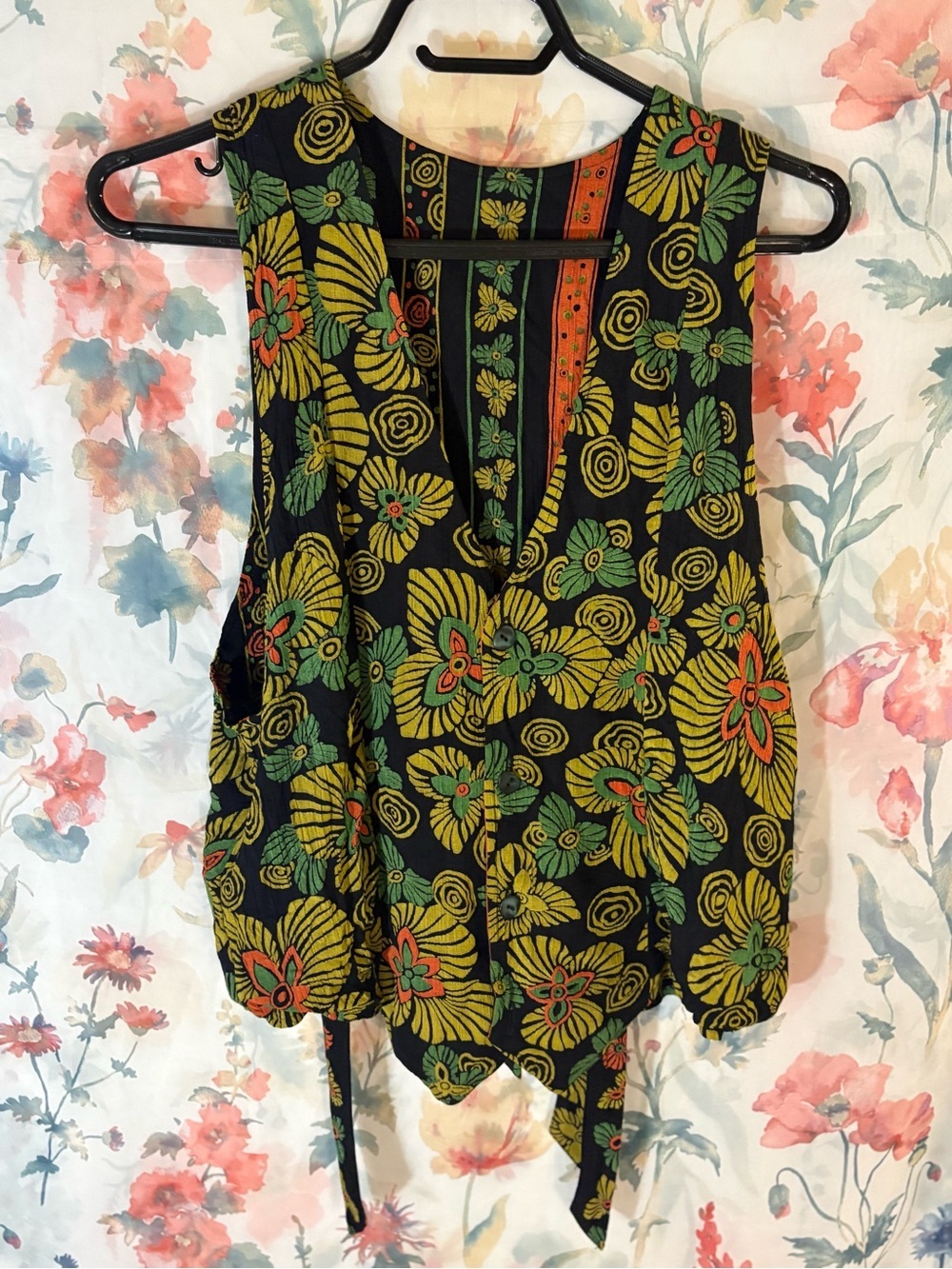 Vintage Floral Tie-Back Sleeveless Top - Black, Green & Yellow